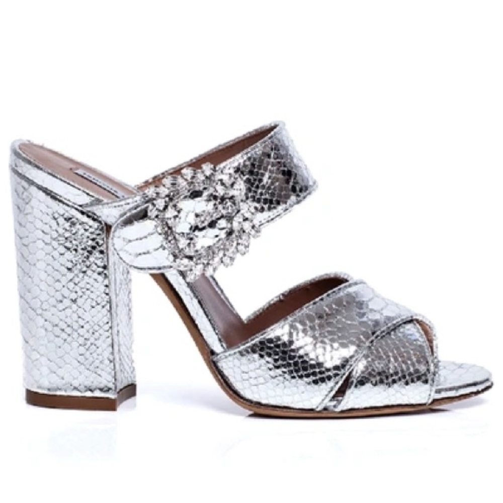 Tabitha Simmons Reyner Silver Metallic Embossed Python Heels with Crystal Buckle